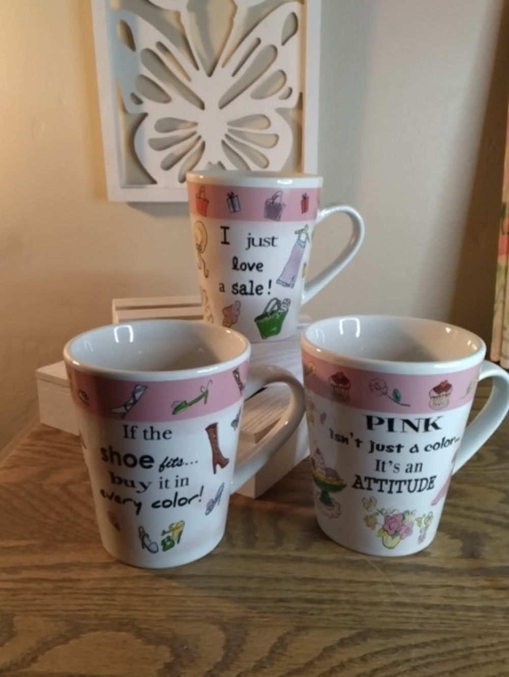 Decorative Pink Accent Ceramic Mugs - Set of 3
